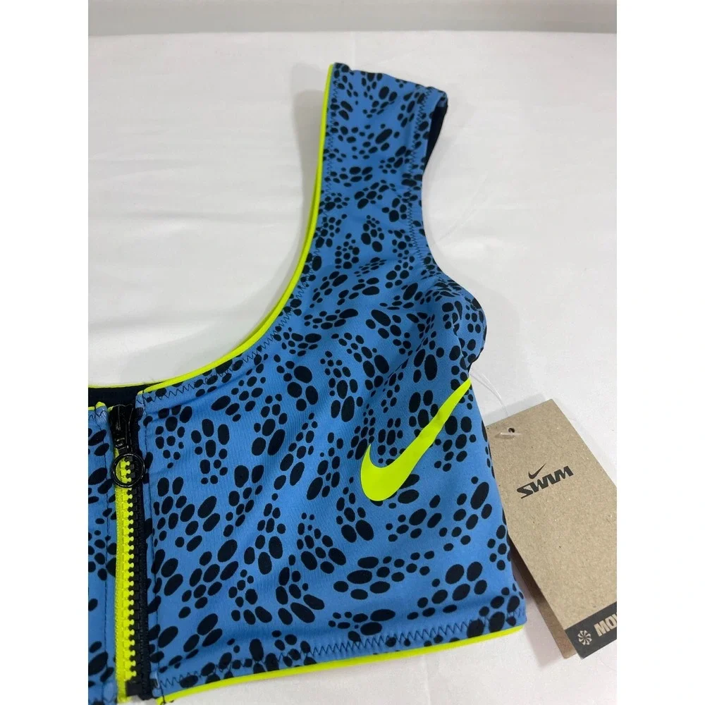 Nike Women's Bikini Top Small Party Dot Crop Low Impact Zip Front Pacific‎ Blue